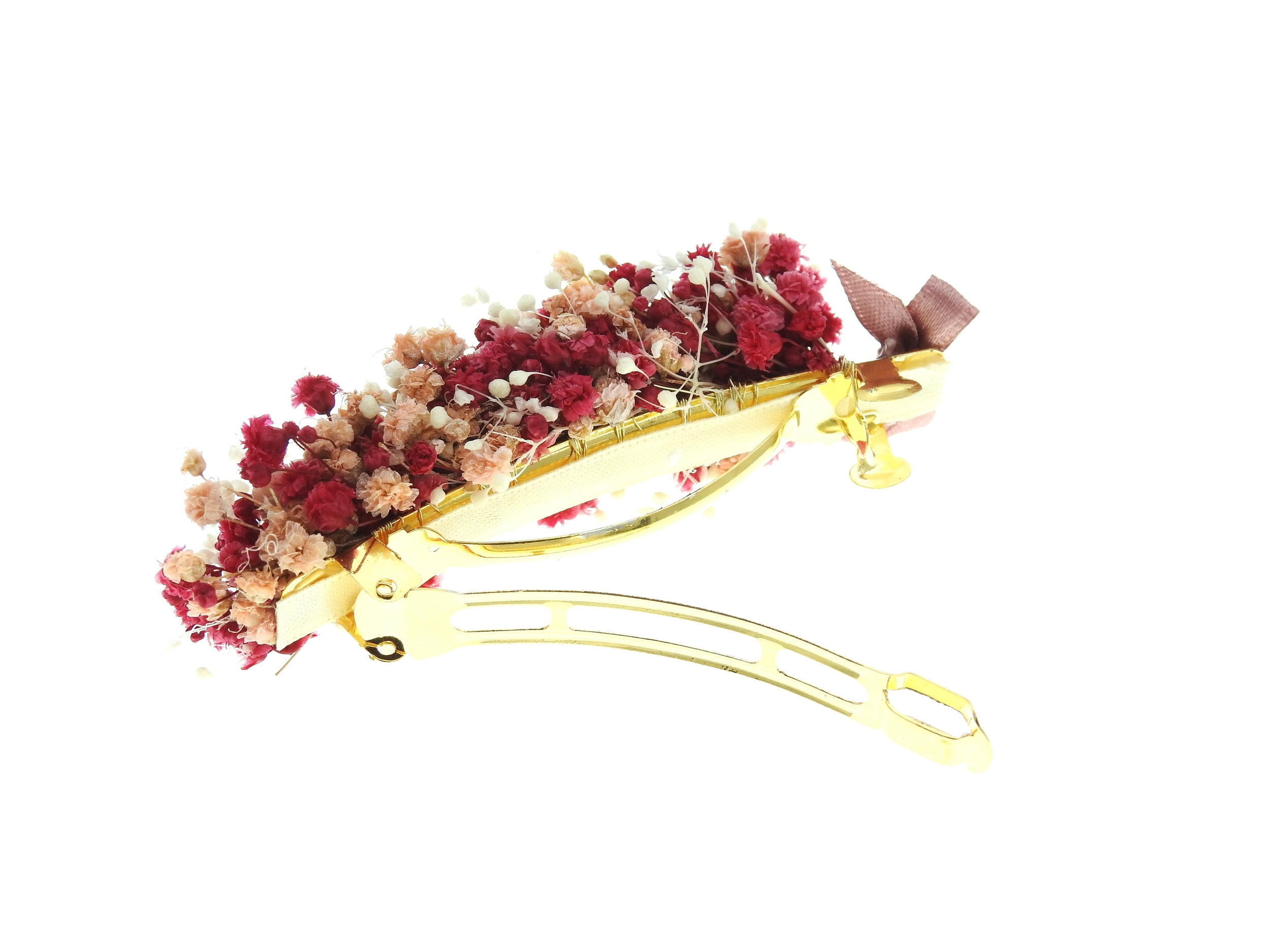 Barrette dorée ornée de fleurs en gypsophile stabilisées rose | Barrette dorée fleurs stabilisées ALESSIA | Momzelle bijoux MMC256