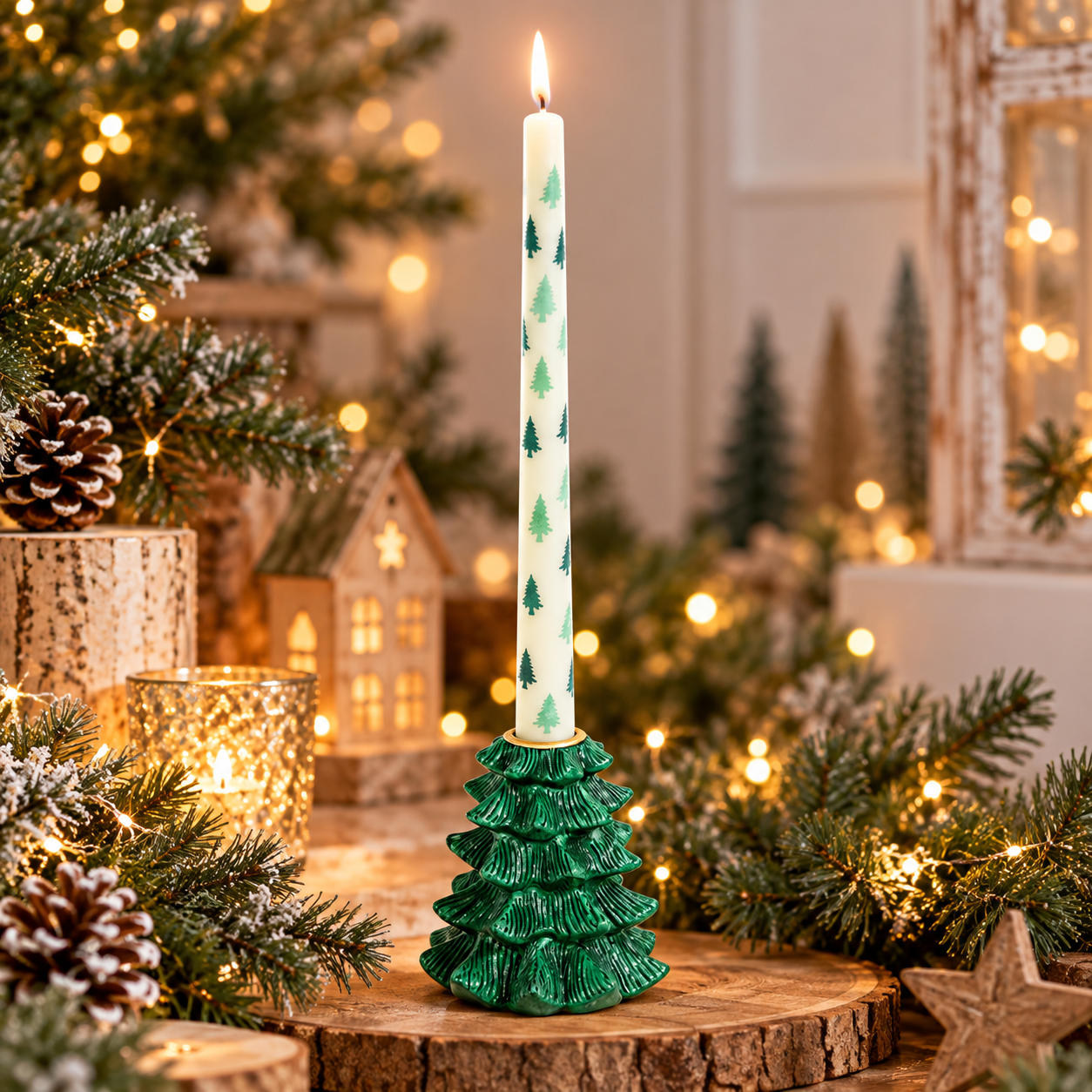 Bougie sapin dans un décor de Noël