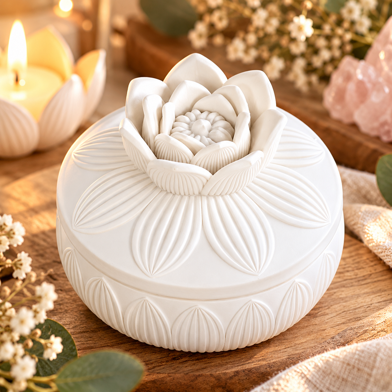 Écrin lotus blanc dans une ambiance zen