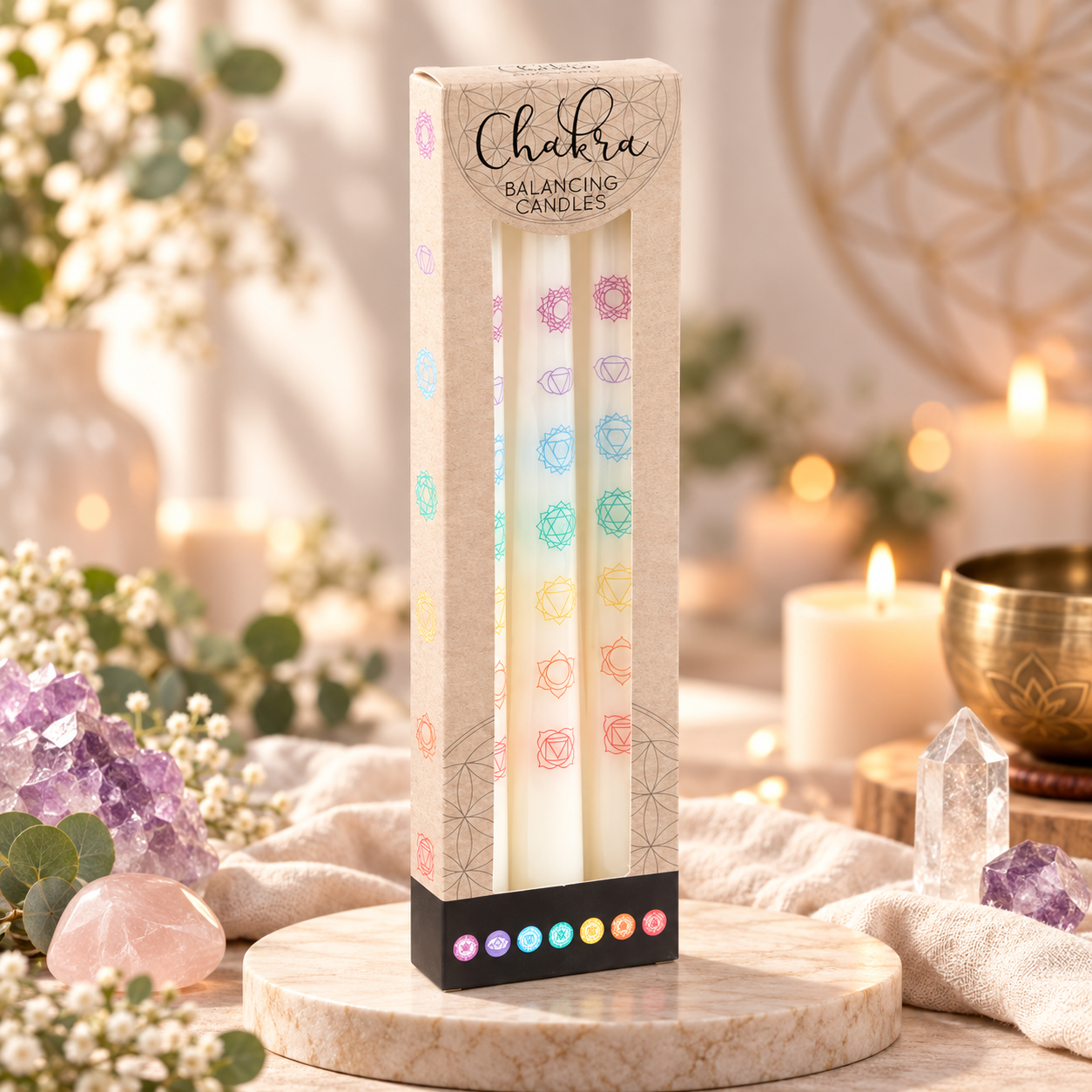 Bougies chakras au cœur d’un écrin zen