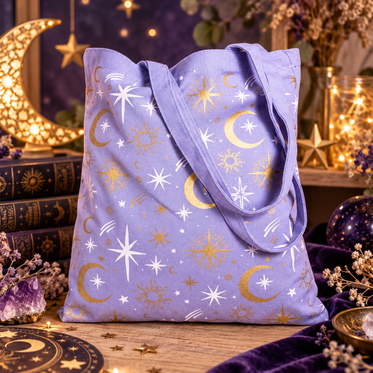 Sac céleste lavande dans un décor mystique