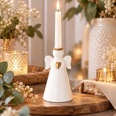 Bougeoir ange blanc à la lueur dorée