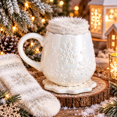 Tasse enneigée et ambiance féerique hivernale