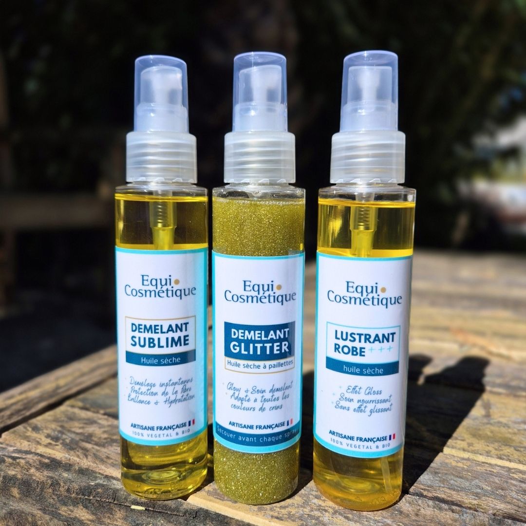 demelant naturel chevaux - demelant a paillettes cheval - lustrant naturel robe cheval - Equi Cosmétique