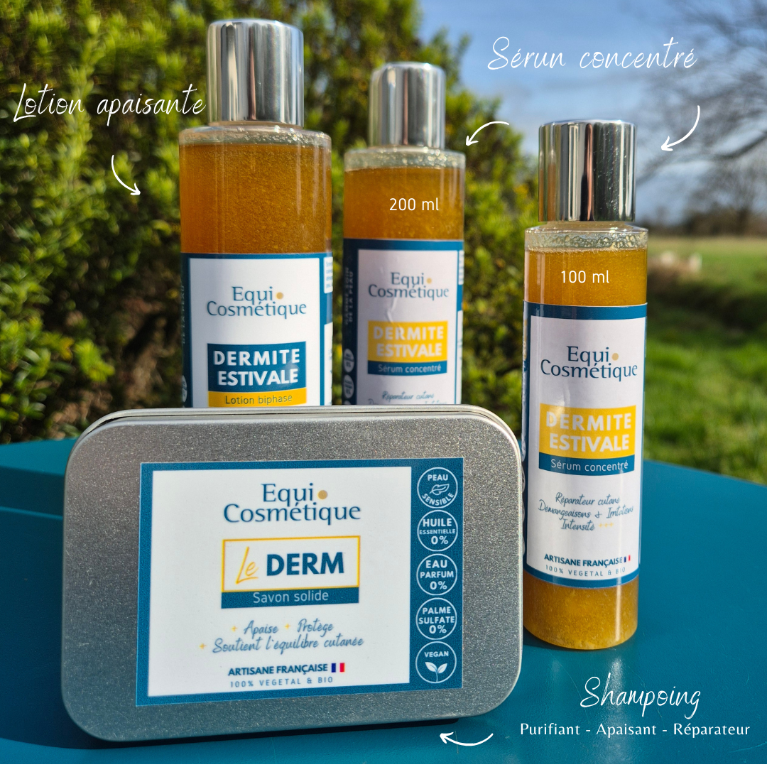 Gamme de soins Equi Cosmétique pour accompagner la peau du cheval sujet à la dermite estivale