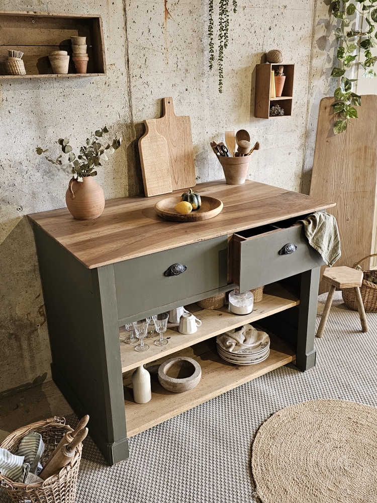 Meuble îlot de cuisine ancien en noyer massif – 2 tiroirs &amp; étagères20251118_113312