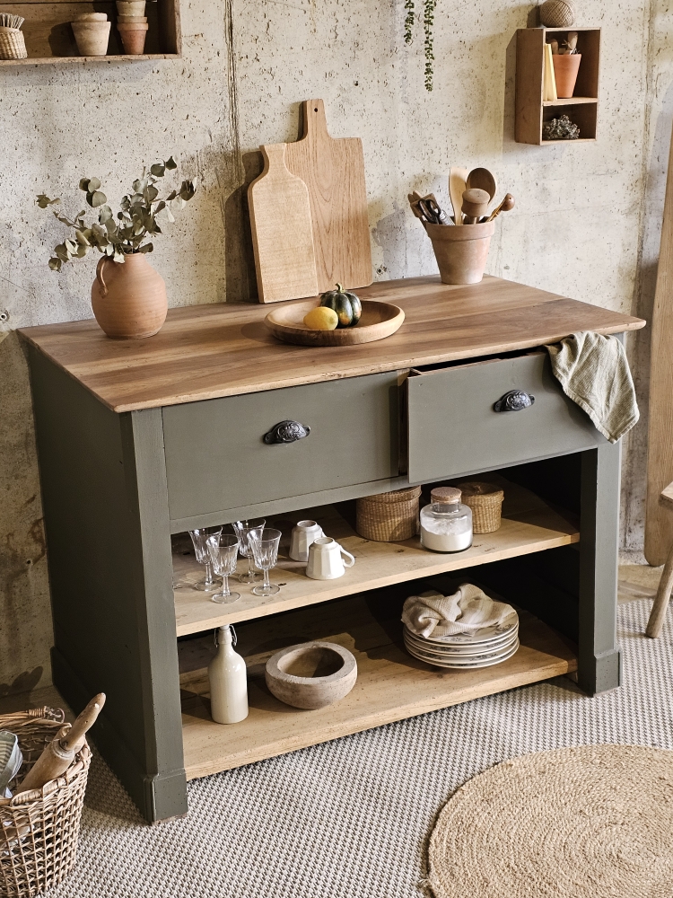 Meuble îlot de cuisine ancien en noyer massif – 2 tiroirs &amp; étagères20251118_113053