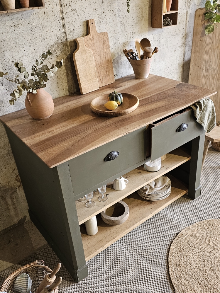 Meuble îlot de cuisine ancien en noyer massif – 2 tiroirs &amp; étagères20251118_113109