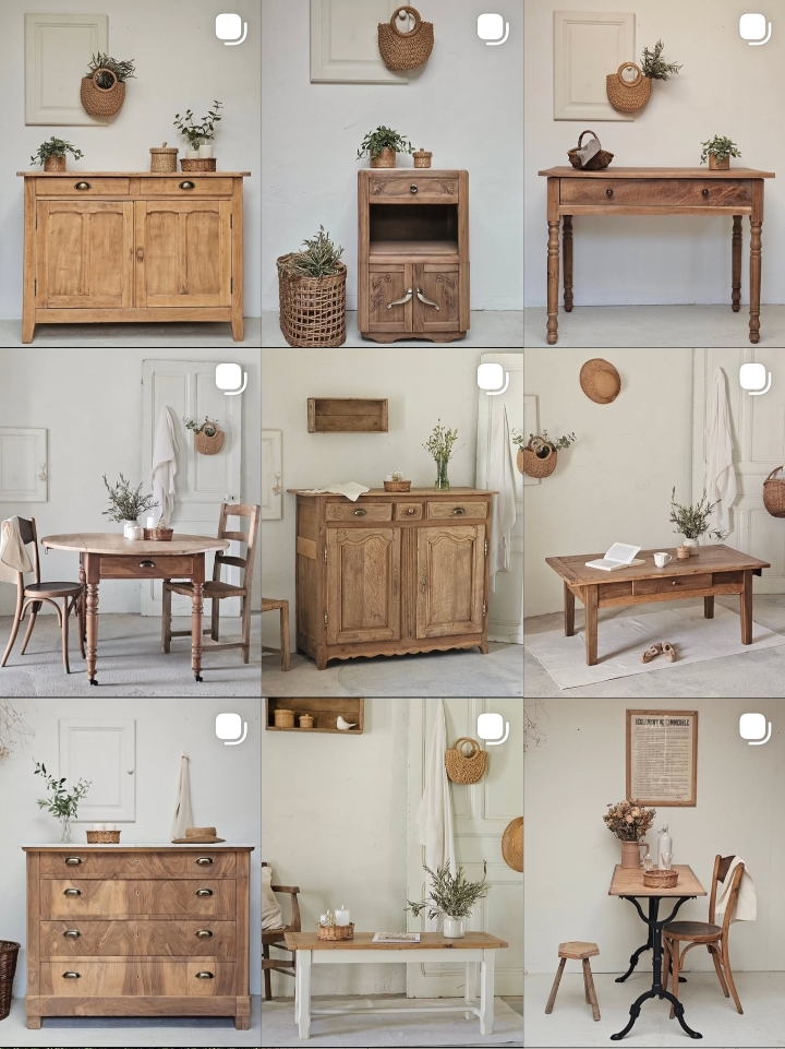 Neuf publications Instagram de By Elle Mobilier présentant des meubles anciens restaurés, des buffets, des tables et des objets de brocante.