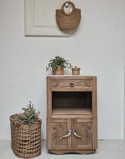 Chevet Art Déco Ancien en Bois Brut et Plateau Peint Clair20261007_171327