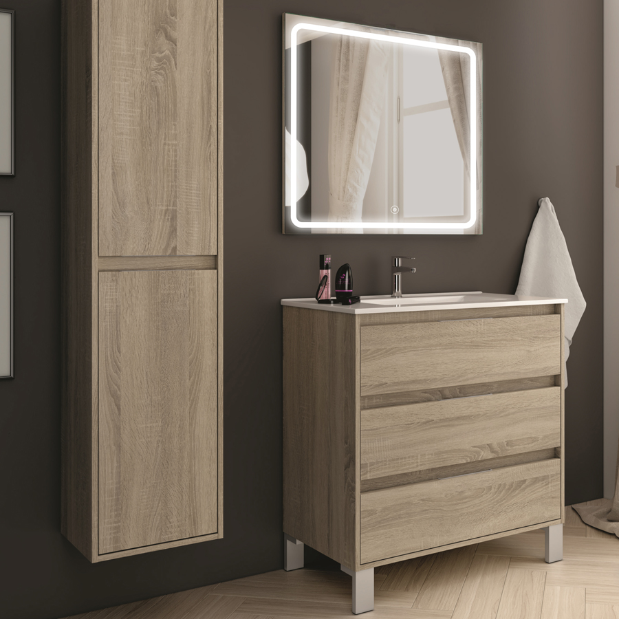 Meuble de salle de bain 3 tiroirs TIRIS 3C et miroir Led VELDI - 80cm