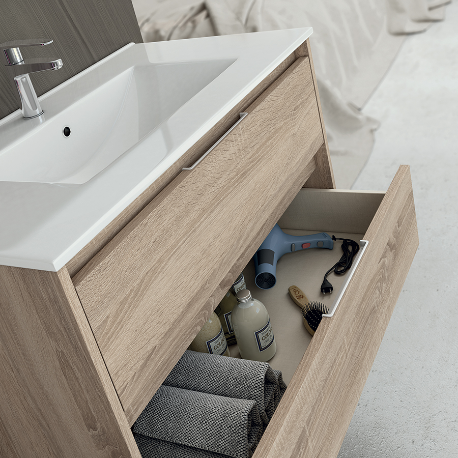 Ensemble Salle De Bain 100 Cm Avec Vasque, Colonne Et Miroir LED - Chêne, Rangement Spacieux