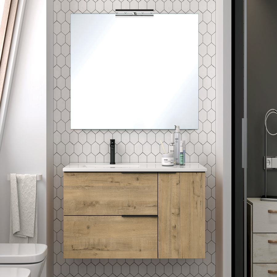 Meuble de salle de bain avec vasque déportée et miroir avec applique KING - 80cm