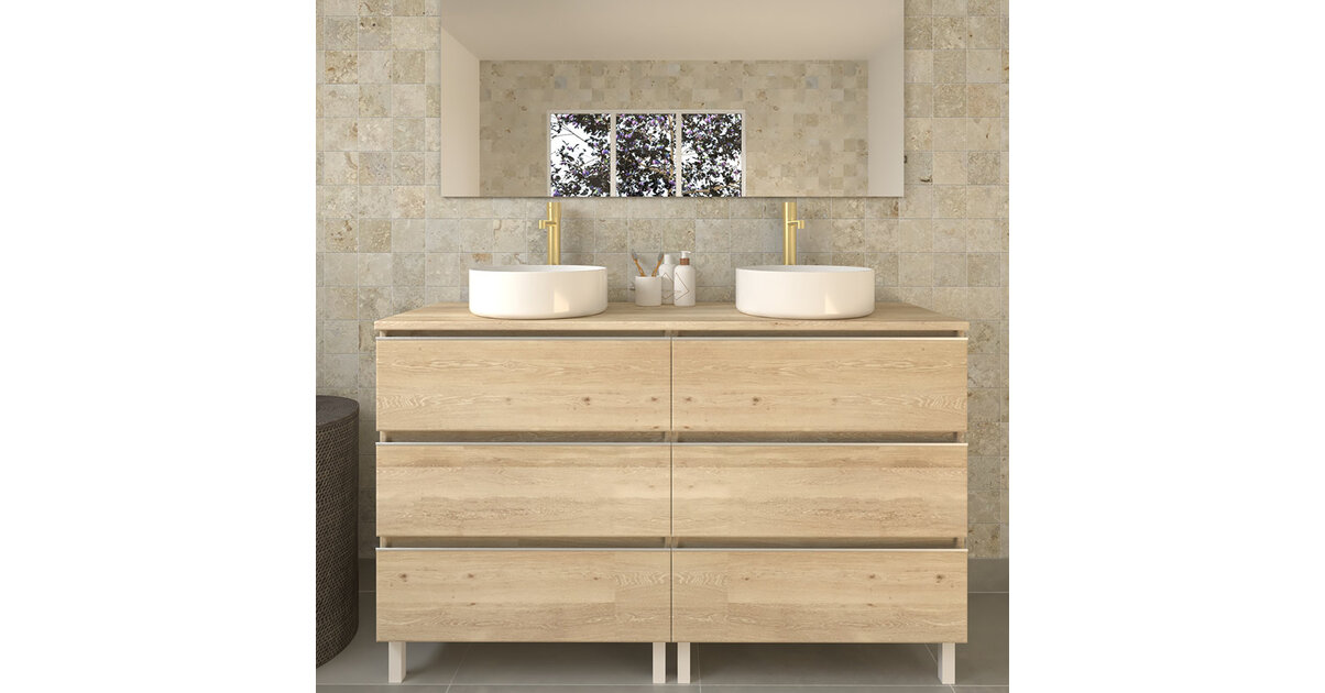 Armoire Salle De Bain TIGO 140 Avec Lavabo – 2 Tiroirs, Façade Chêne Evoke, Design Moderne