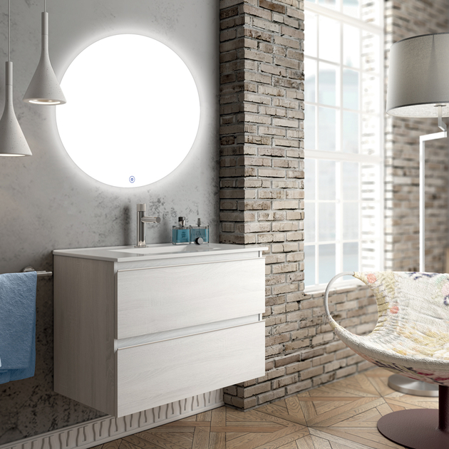 Meuble de salle de bain avec vasque à poser ronde BALEA et miroir rond Led  SOLEN - 70cm - Meuble avec vasque à poser/Meuble avec vasque à poser avec  miroir - cosyneo
