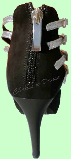 Chaussures de danse femme montantes SABRINA à bouts ouverts en peau noire brides glitter argent talon aiguille 9.5cm noir   plateau 2cm vue arrière