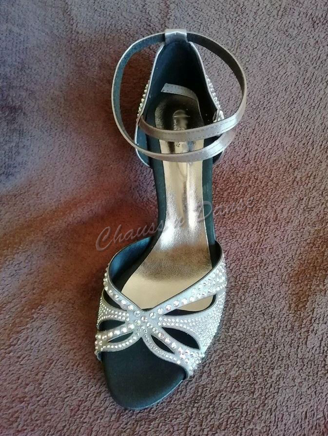 Chaussures de danse femme TIZIANA à bouts ouverts en satin anthracite et strass talon anthracite strassé 7cm vue dessus