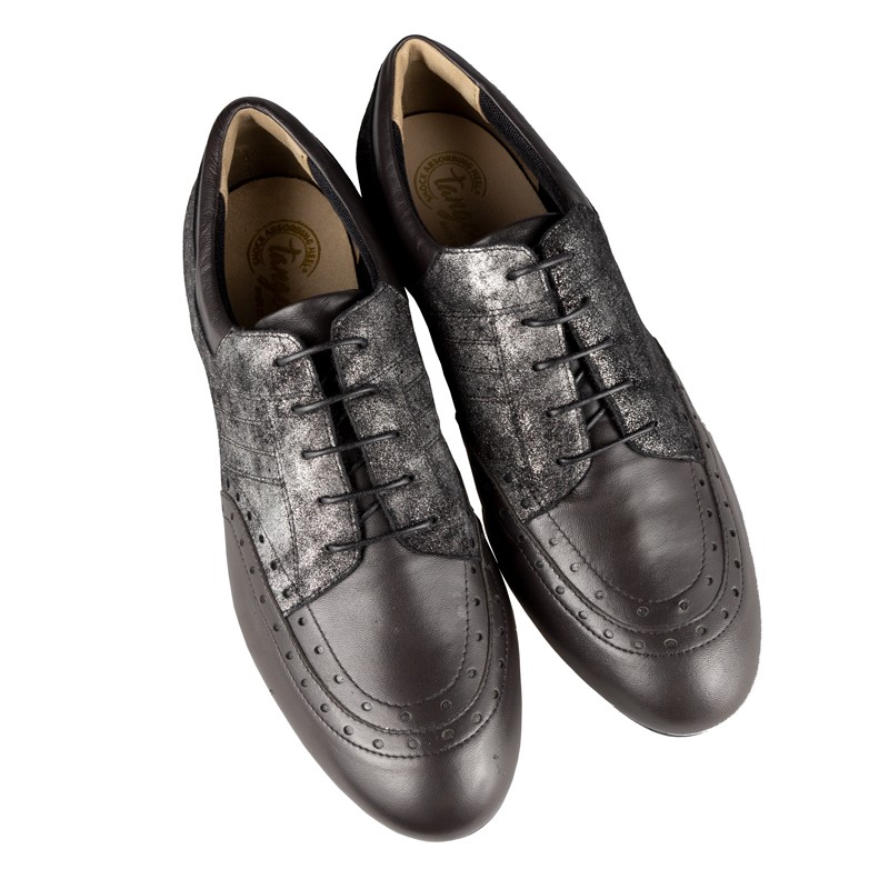 Chaussures de danse homme Tangolera FLAVIO en cuir noir et cuir imprimé talon 2cm et semelle peau vue dessus