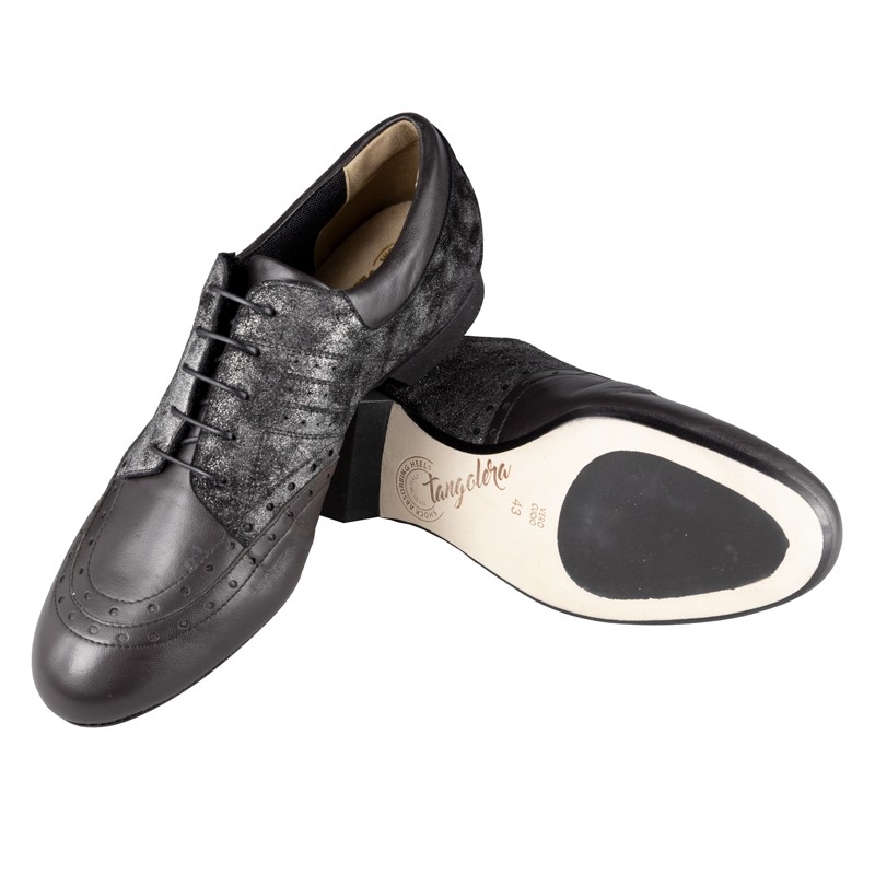 Chaussures de danse homme Tangolera FLAVIO en cuir noir et cuir imprimé talon 2cm et semelle peau vue dessous