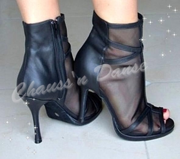 Bottines en cuir et tule noirs et plateau avec fermeture éclair Talon 9cm Vue portées dos et 3/4