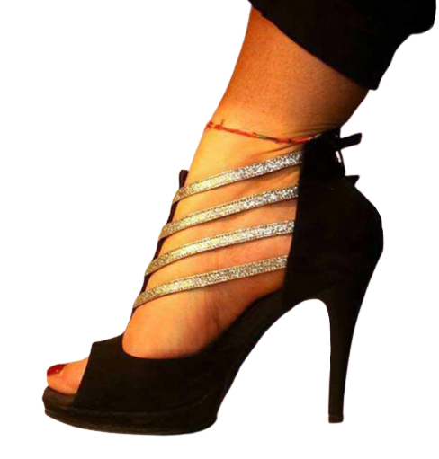 Chaussures de danse femme montantes SABRINA à bouts ouverts en peau noire brides glitter argent talon aiguille 9.5cm noir   plateau 2cm vue profil portées 2