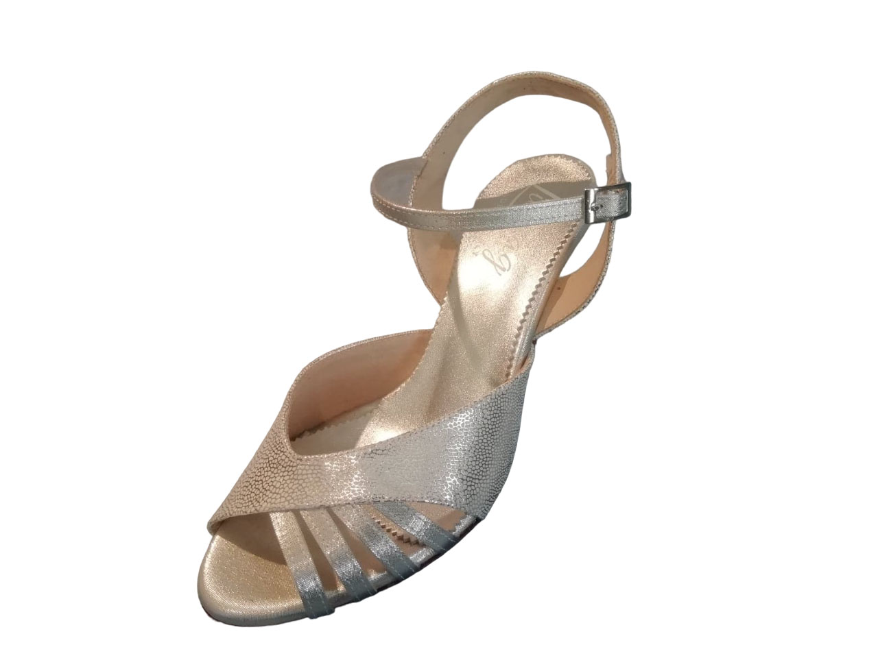 Chaussures de danse femme DANIELLA satin et cuir argent talon ouvert 7cm Vue dessus