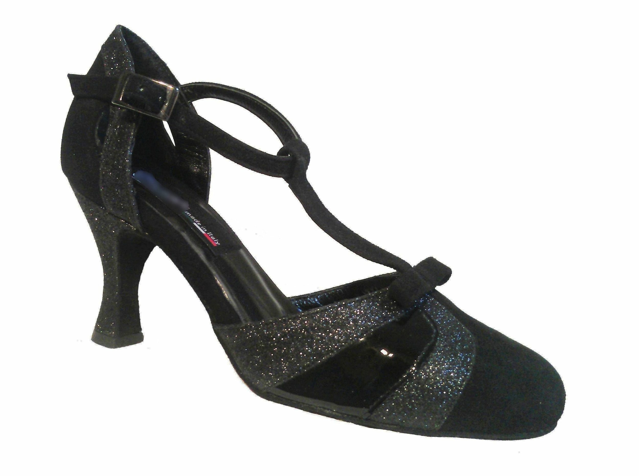 Chaussures de danse femme ANGIE à bouts fermés en cuir, peau et glitter noirs. Talon 3 ou 7cm