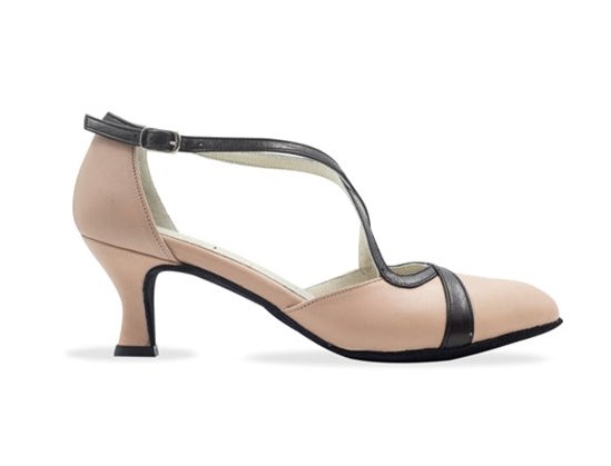 Chaussures de danse femme TINA à bouts fermés en cuir rose pâle et noir talon bobine 7cm brides croisées dessus du pied vue profil