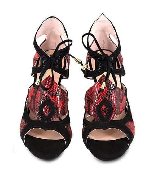 Chaussures de danse femme DEISY à bouts ouverts en peau noire et style serpent rouge talon aiguille rouge 9cm vue dessus