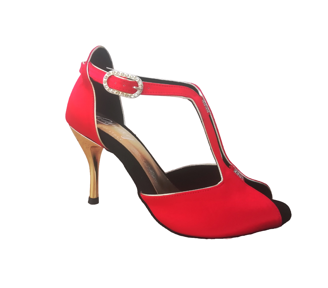 Chaussures de danse femme MARILYN satin rouge et strass Talon métal or 8,5cm Vue profil