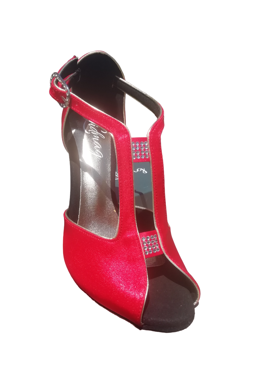 Chaussures de danse femme MARILYN satin rouge et strass Talon métal or 8,5cm Vue dessus