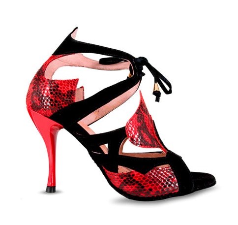 Chaussures de danse femme DEISY à bouts ouverts en peau noire et style serpent rouge talon aiguille rouge 9cm vue profil