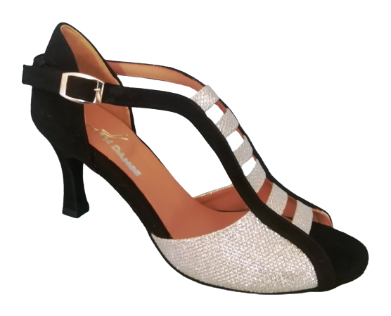 Chaussures de danse femme PERLA à bouts ouverts en peau noire et tissu brillant argent talon stable 7cm noir