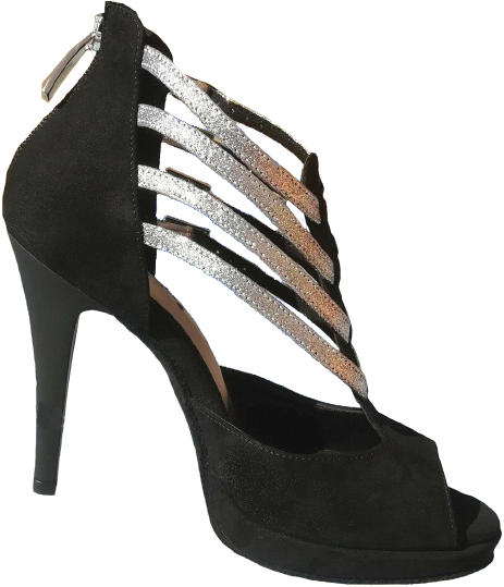 Chaussures de danse femme montantes SABRINA à bouts ouverts en peau noire brides glitter argent talon aiguille 9.5cm noir   plateau 2cm vue profil