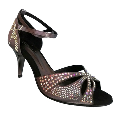 Chaussures de danse femme TIZIANA à bouts ouverts en satin anthracite et strass talon anthracite strassé 7cm vue 3 quarts