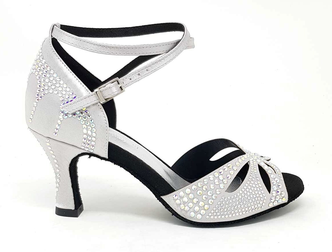 Chaussures de danse femme TIZIANA ARGENT à bouts ouverts en satin argent et strass talon argent strassé 7cm