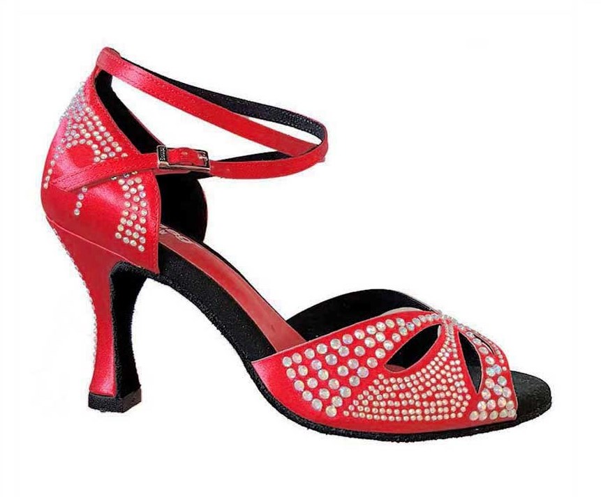 Chaussures de danse femme TIZIANA ROUGE à bouts ouverts en satin rouge et strass talon bobine rouge strassé 7cm