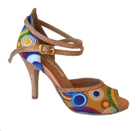 Chaussures de danse femme YUMNA à bouts ouverts en tissu africain wax très coloré et glitter cuivre avec talon glitter 9cm vue profil