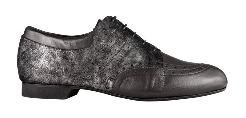 Chaussures de danse homme Tangolera FLAVIO en cuir noir et cuir imprimé talon 2cm et semelle peau vue profil