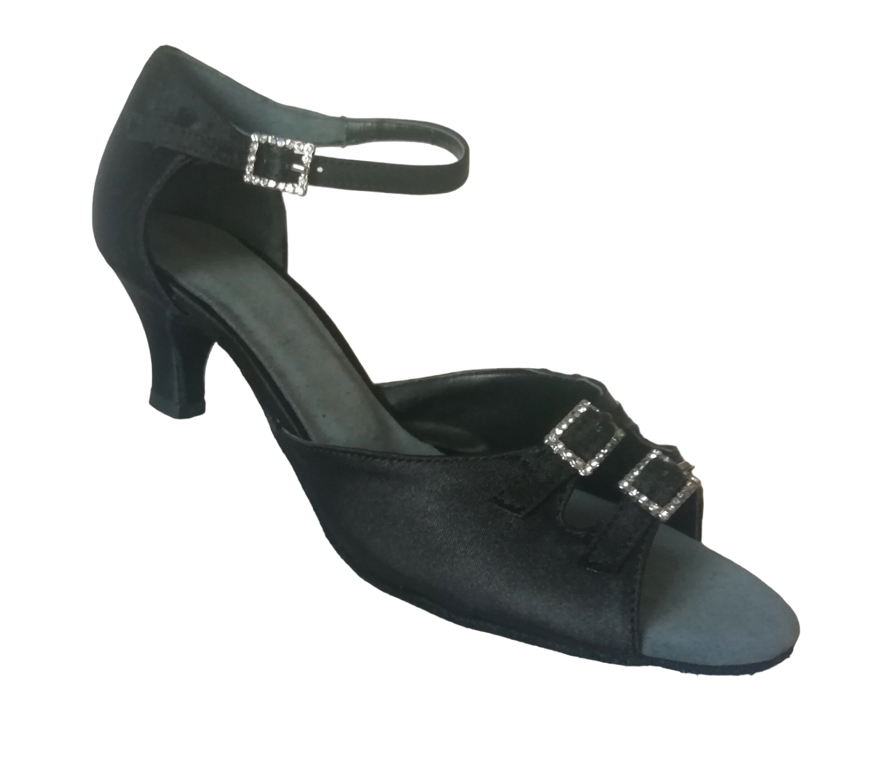 Chaussures de danse femme VERA à bouts ouverts en satin noir talon noir 5cm et 2 brides réglables avec boucles strass sur dessus pied