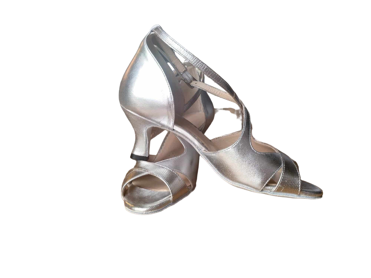 Chaussures de danse femme BUTTY à bouts ouverts en cuir argent avec bride croisée sur dessus du pied talon bobine 5cm, vue profil