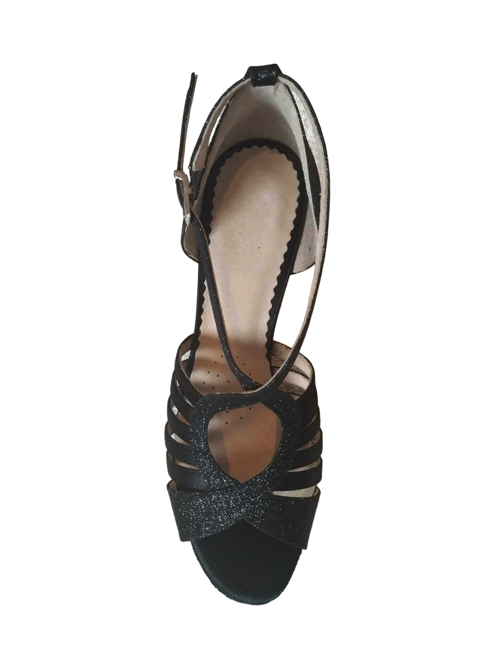 Chaussures de danse femme VIVIANE à bouts ouverts en satin et glitter noirs avec talon glitter noir 7cm vue dessus