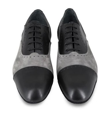 Chaussures de danse homme GINO en cuir noir et peau grise talon 2cm et semelle peau vue dessus