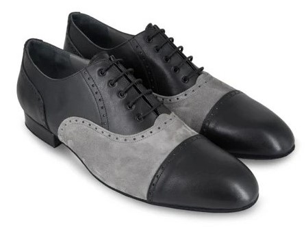 Chaussures de danse homme GINO en cuir noir et peau grise talon 2cm et semelle peau vue 3 quarts