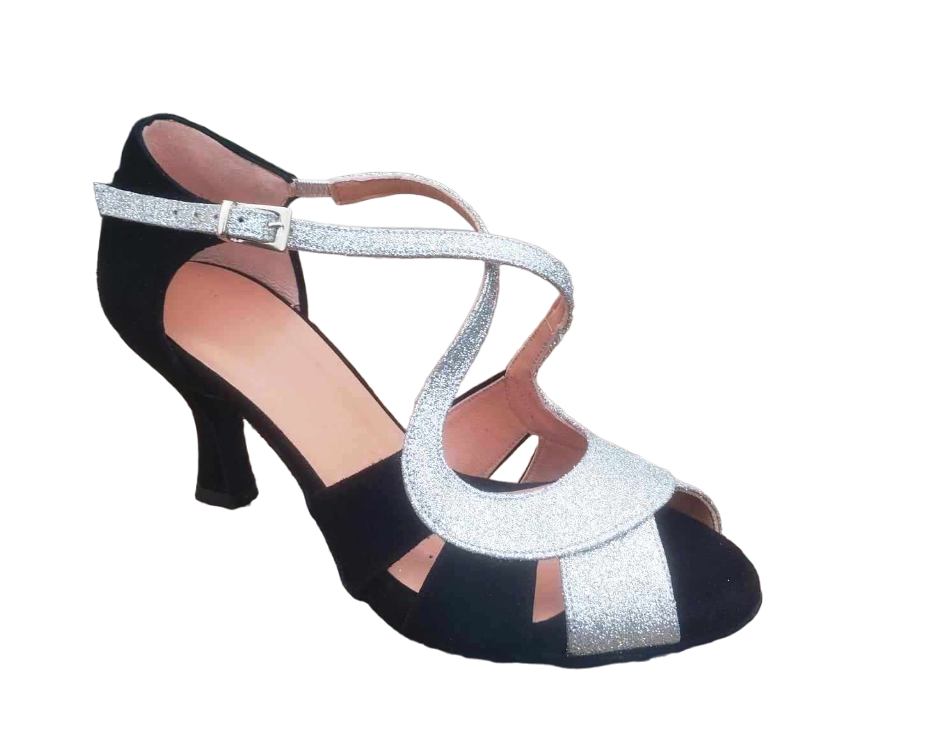 Chaussures de danse femme KIARA à bouts ouverts en peau noire et glitter argent talon bobine noir 7cm vue 3 quarts