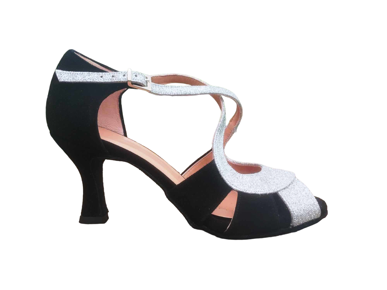 Chaussures de danse femme KIARA à bouts ouverts en peau noire et glitter argent talon bobine noir 7cm vue profil