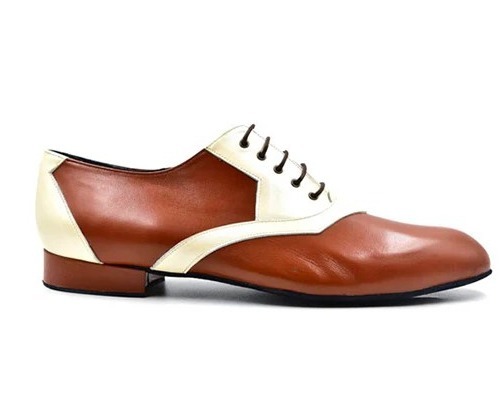 Chaussures de danse homme ALFREDO en cuir marron et perle avec talon 2cm et semelle extérieure peau vue profil
