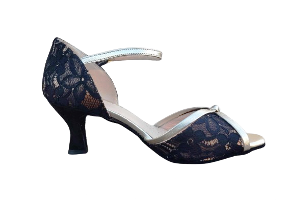Chaussures de danse femme MONALISA à bouts ouverts en dentelle noire et cuir or talon bobine 7cm vue profil
