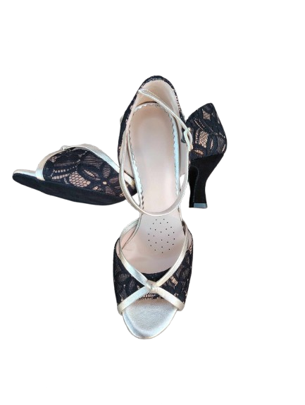 Chaussures de danse femme MONALISA à bouts ouverts en dentelle noire et cuir or talon bobine 7cm vue dessus