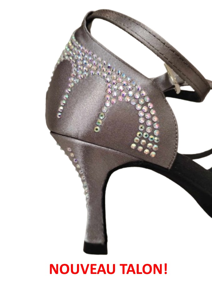 Chaussures de danse femme TIZIANA à bouts ouverts en satin anthracite et strass talon anthracite strassé 7cm vue talon profil